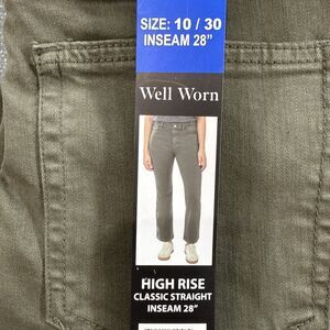 Well Worn Womens Stretch Pants Green Straight Leg High-Rise Pockets Heavy 10/30